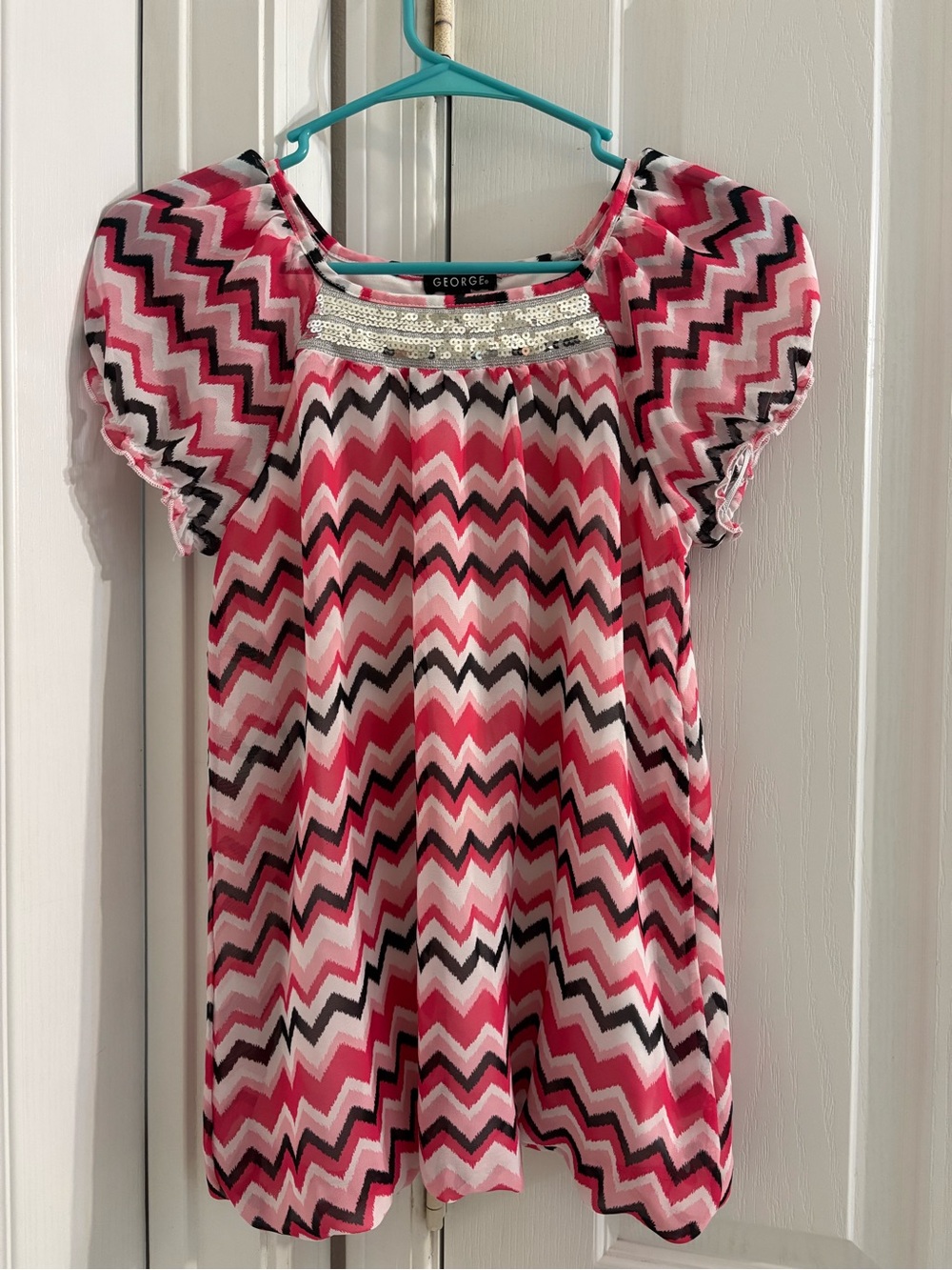 George Pink Chevron Sequin-Trim Short Sleeve Top